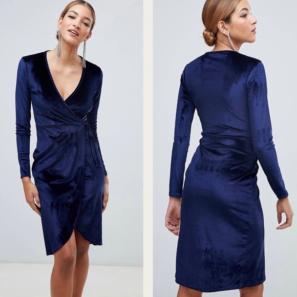 Boohoo Velvet Tie Waist Wrap Midi Dress- Navy - Picture 1 of 14